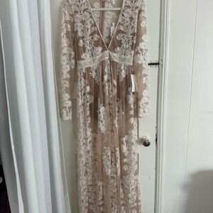 For Love & Lemons Nude Lace Maxi Dress with Ivory Embroidery